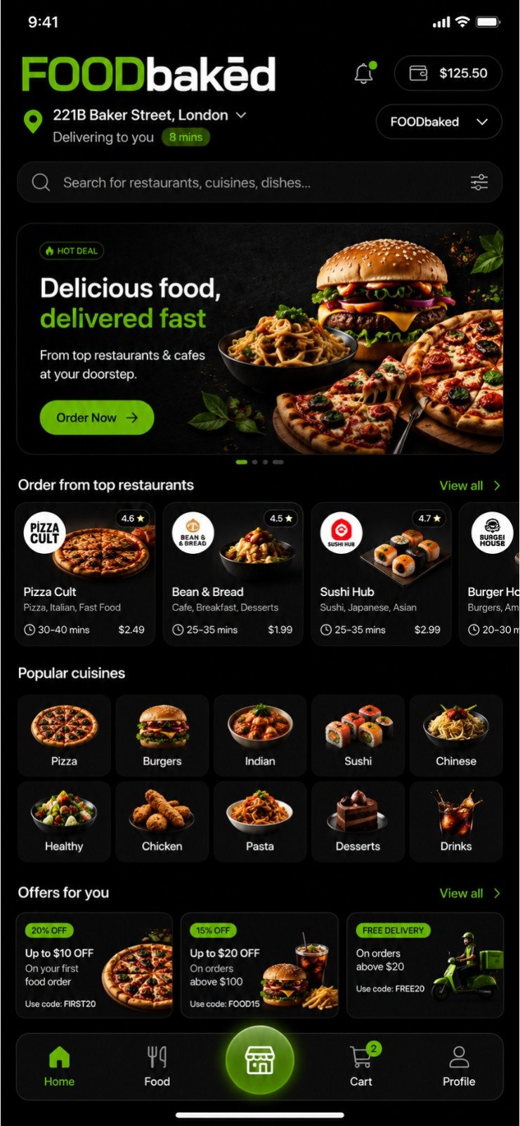 FOODbaked app home screen