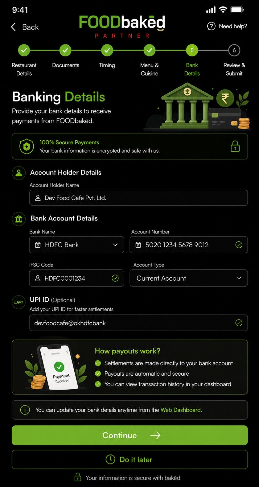 FOODbaked Paiements screen