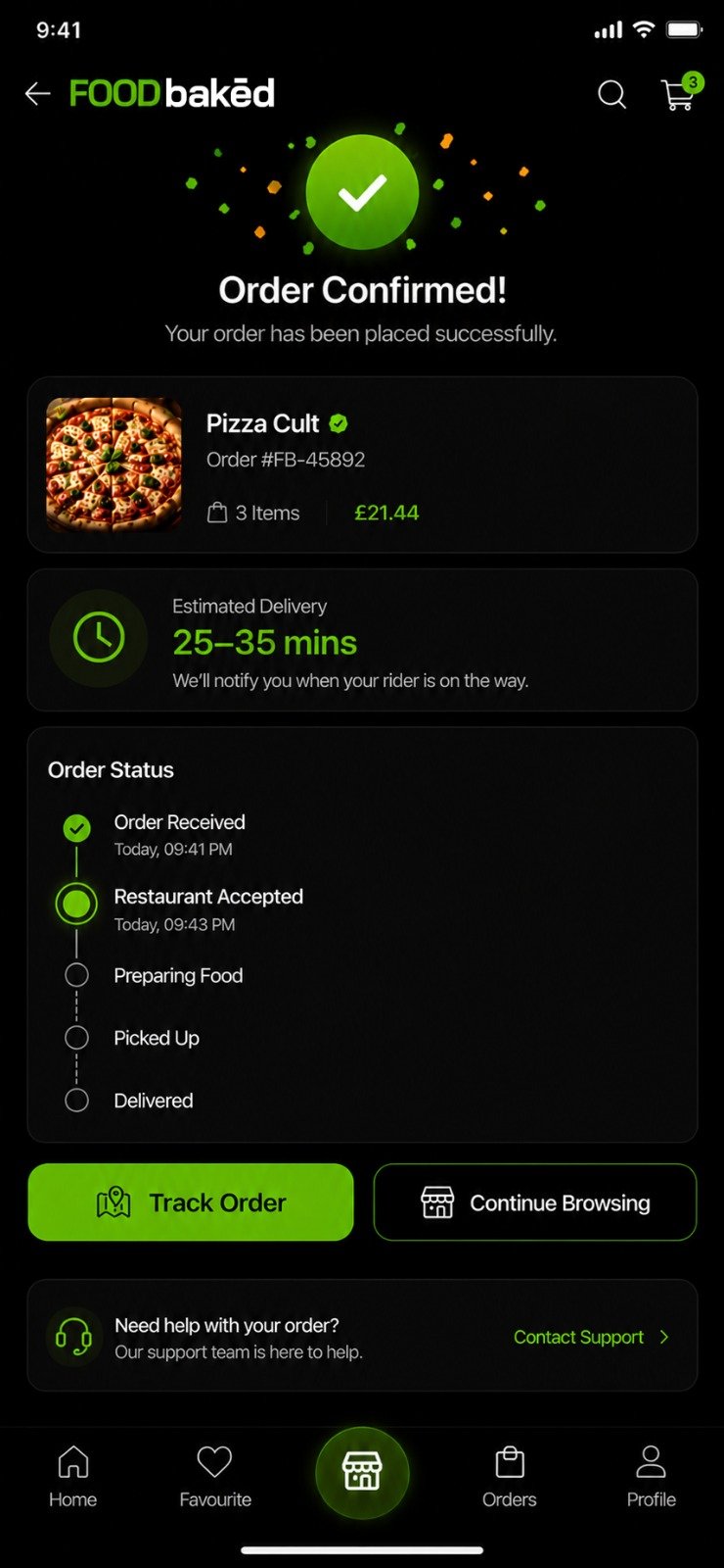 FOODbaked Commande screen