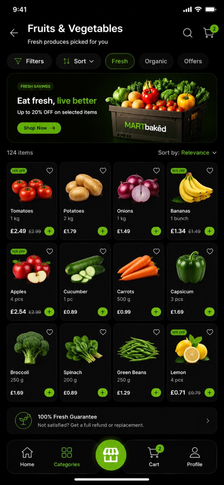 MARTbaked app fruits & vegetables screen