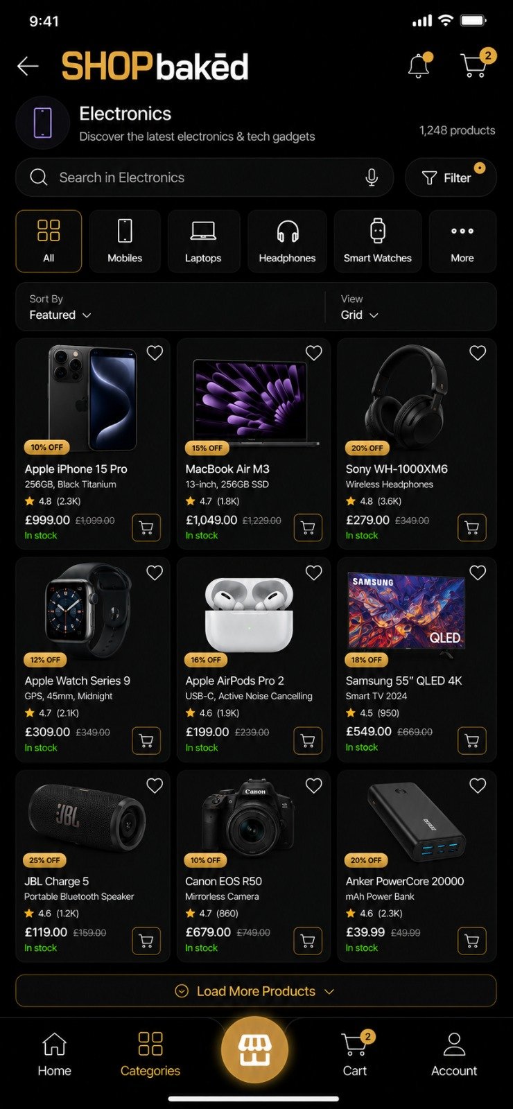 SHOPbaked app electronics category screen