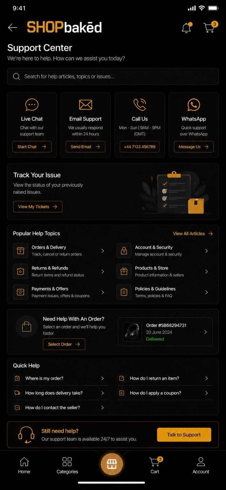SHOPbaked Assistance screen