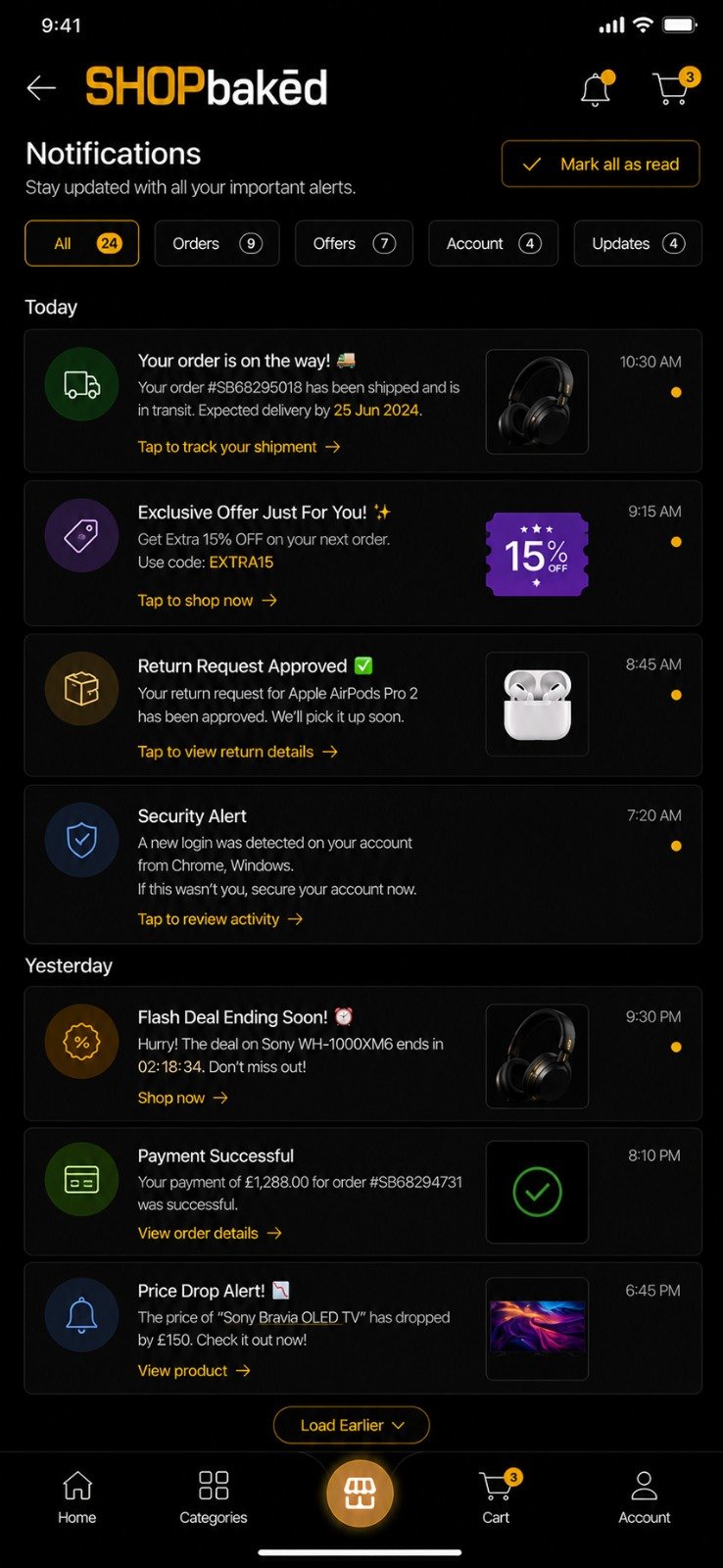 SHOPbaked Notifications screen