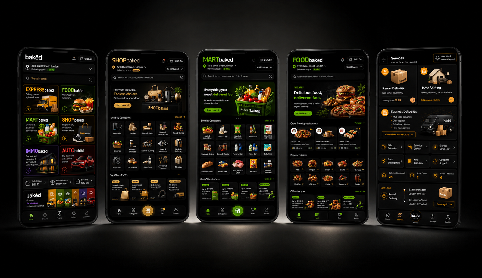 Baked mobile application screens for Express, Food, Mart, Shop, Auto and Immo services